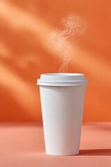 a photograph of a paper cup with smoke coming out from the top, against an orange background.