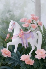 a whimsical carousel horse, adorned with pastel flowers and ribbons, gracefully glides through an enchanting garden filled with blooming roses.