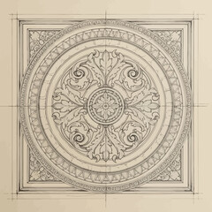 Naklejka premium Ornate Circular Ceiling Medallion Sketch - Architectural Design and Ornament