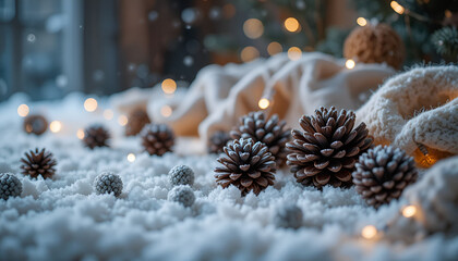 Pine Cones with Snow and Soft Bokeh Winter Lights