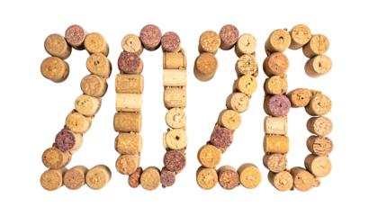 2020" year formed using collected corks, on black background