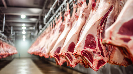 Fresh meat hanging in a cold storage facility for processing and distribution