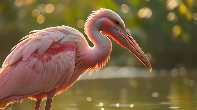 Close-up of a Roseate Spoonbill bird with its distinctive beak in soft golden light.