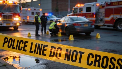 Fototapeta premium Police tape in sharp focus at dusk crime scene with blurred response.