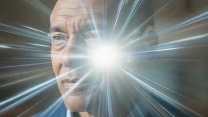 Close up of a man with a hearing aid looking thoughtfully into the distance.