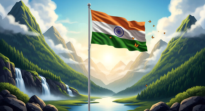 Indian Flag Waving Over Mountains, 76th Republic Day 2025 Vector