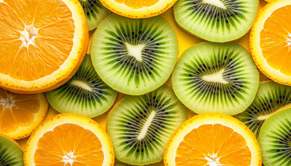 Top view of sliced kiwi fruits and orange segments arranged as a pattern. Vibrant green and orange colors create a fresh, healthy, and sweet food backdrop