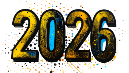 Bold, artistic "2026" with colorful splatters and contrasting texturing
