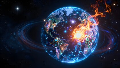 Obraz premium Colorful Abstract Representation of Earth Surrounded by Energy and Light in Outer Space