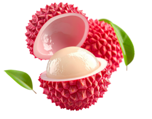 Close-up of open lychee showing juicy flesh and a spiky red skin