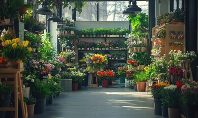 Vibrant flower shop interior filled with colorful bouquets and lush greenery, soft daylight highlighting the lively and cheerful atmosphere, perfect for urban lifestyle photography,