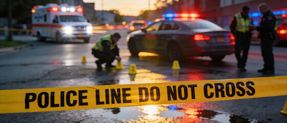 Police tape in sharp focus at dusk crime scene with blurred response.