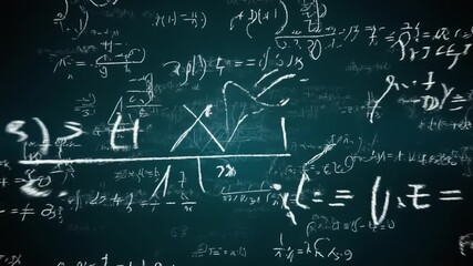 An abstract array of complex mathematical formulas and scientific equations elegantly scribbled on a dark chalkboard, symbolizing education, theoretical research, and problem-solving concepts - Powered by Adobe