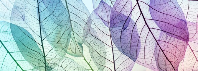 A close-up view of translucent leaves layered over each other with soft, gradient color hues