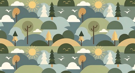 Whimsical landscape pattern with nature elements.