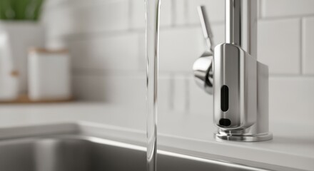 Naklejka premium Closeup of a water stream triggered by a touchless retrofit sensor in a kitchen sink with a blurred background illustrating easy retrofitting in small spaces.