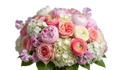 Elegant luxury floral arrangement bouquet with pastel pink peonies and roses isolated PNG with Transparent Background