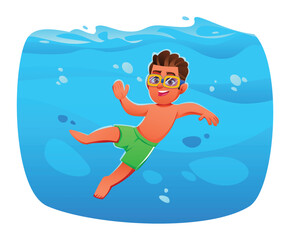 Happy young boy with goggles swimming underwater in a deep blue pool. Vector cartoon character illustration