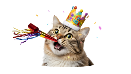 Cute funny tabby cat wearing Happy Birthday party hat and blowing noise maker isolated on white background.