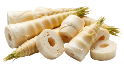 Boiled and sliced bamboo shoots pile, isolated ingredient on white background.