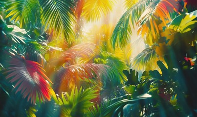 Vibrant jungle scene filled with tropical leaves in shades of green, yellow, and red, with dappled sunlight filtering through the dense canopy above