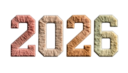 Textured, colorful "2026" numerals against a stark black background