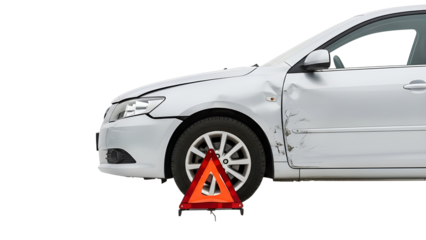 Dented silver car after a traffic accident with warning triangle isolated on white background