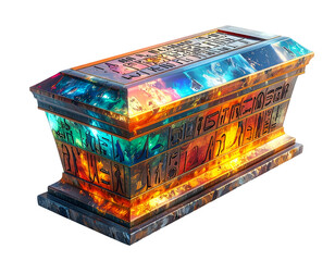 Ornate, glowing sarcophagus with hieroglyphs and celestial imagery
