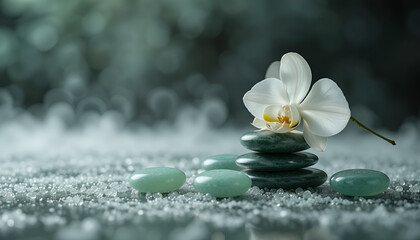 Zen Spa Stones with White Flower and Misty Background