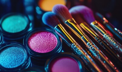 Vibrant makeup display featuring colorful eyeshadows and luxury brushes, soft spotlight highlighting their textures and bold hues, perfect for beauty inspiration,
