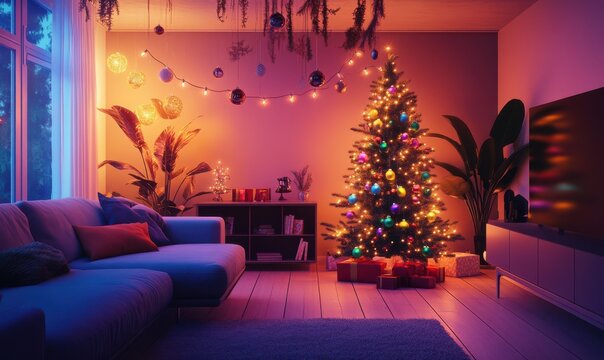 Vibrant living room decorated for Christmas with glowing string lights, colorful ornaments, and a beautifully adorned tree, warm ambient light creating a festive holiday scene, - Powered by Adobe