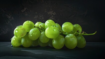 A cluster of green, glistening grapes on a vine against a mottled, dark grey background
