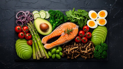 Salmon, avocado, eggs, asparagus, and vegetables are healthy ingredients for a keto diet.