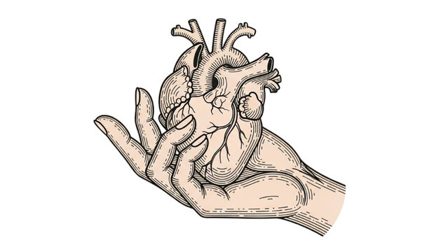 A hand holding a detailed anatomical illustration of a human heart from a lateral viewpoint