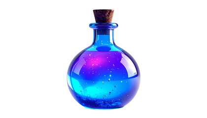 A glowing blue potion in a round glass bottle, corked