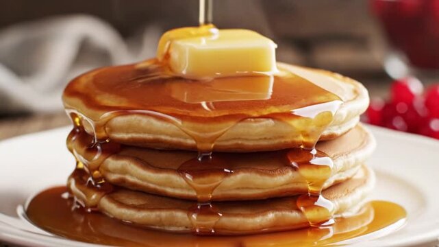 delicious stack of golden fluffy pancakes with melting butter on top drizzled with rich maple syrup.mp4