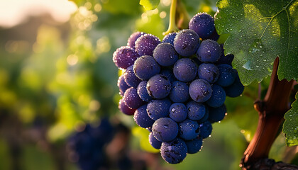 Naklejka premium Ripe dark grapes covered in snow hang from a vine. Green leaves with frost are visible. Soft light and falling snow create a dreamy bokeh effect