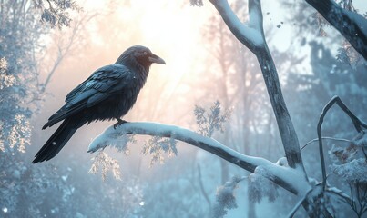 Vibrant raven perched on a snow-covered branch, its glossy black feathers shimmering under the soft winter daylight, surrounded by a peaceful forest atmosphere
