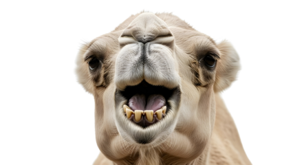 Close-up of camel head roaring or laughing isolated on white background showing teeth