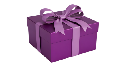 Luxury purple gift box with satin ribbon and bow isolated on white background
