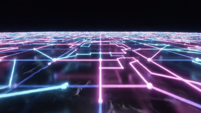 Neon circuit grid glowing network futuristic technology electronic pathway digital map pink and blue glowing line horizon perspective reflective surface neon light reflection futuristic cyberpunk