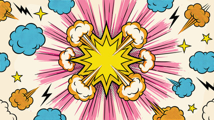 Comic-style explosion graphic with yellow burst, clouds, stars, and lightning bolts, vibrant pop art vector illustration design