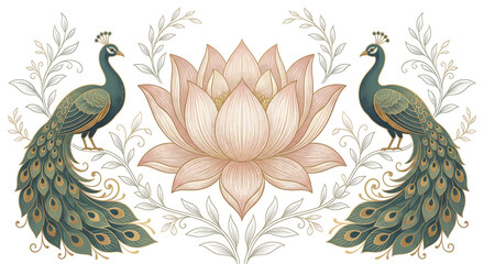 Obraz premium Title: Two peacocks standing on either side of a large pink lotus flower with detailed floral isolated on a transparent background