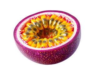 Cross-section of a tropical fruit revealing seeds and pulp against black