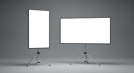 Blank white presentation screens on metal tripods, one vertical and one horizontal, ready for content display against a grey backdrop