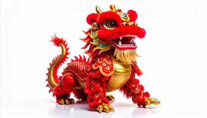 Luxury Chinese Liong dragon, elegant gold accents, rich red tones, premium fabric texture, full body composition, studio lighting, isolated on white background, high-end commercial stock image.