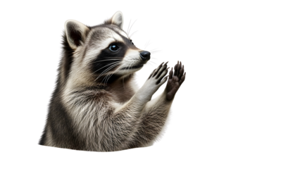 Raccoon raising hands and pleading with paws up isolated on white background.