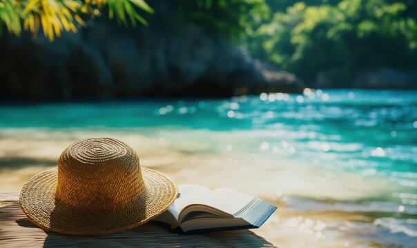 Vibrant tropical beach scene with a straw hat and a book placed on a lounge chair, crystal-clear water and soft golden light creating a perfect getaway,