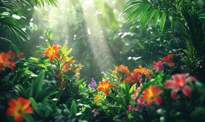 Vibrant tropical jungle scene with dense greenery and colorful flowers, warm sunlight filtering through the canopy, lush and exotic ambiance,