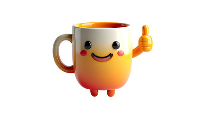 Animated coffee cup character with a cheerful expression, giving a thumbs up